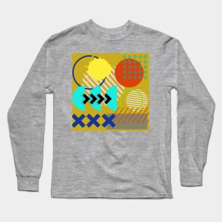 Modern Geometric Pattern Bright Persimmon Turquoise Retro Doodle Style Long Sleeve T-Shirt